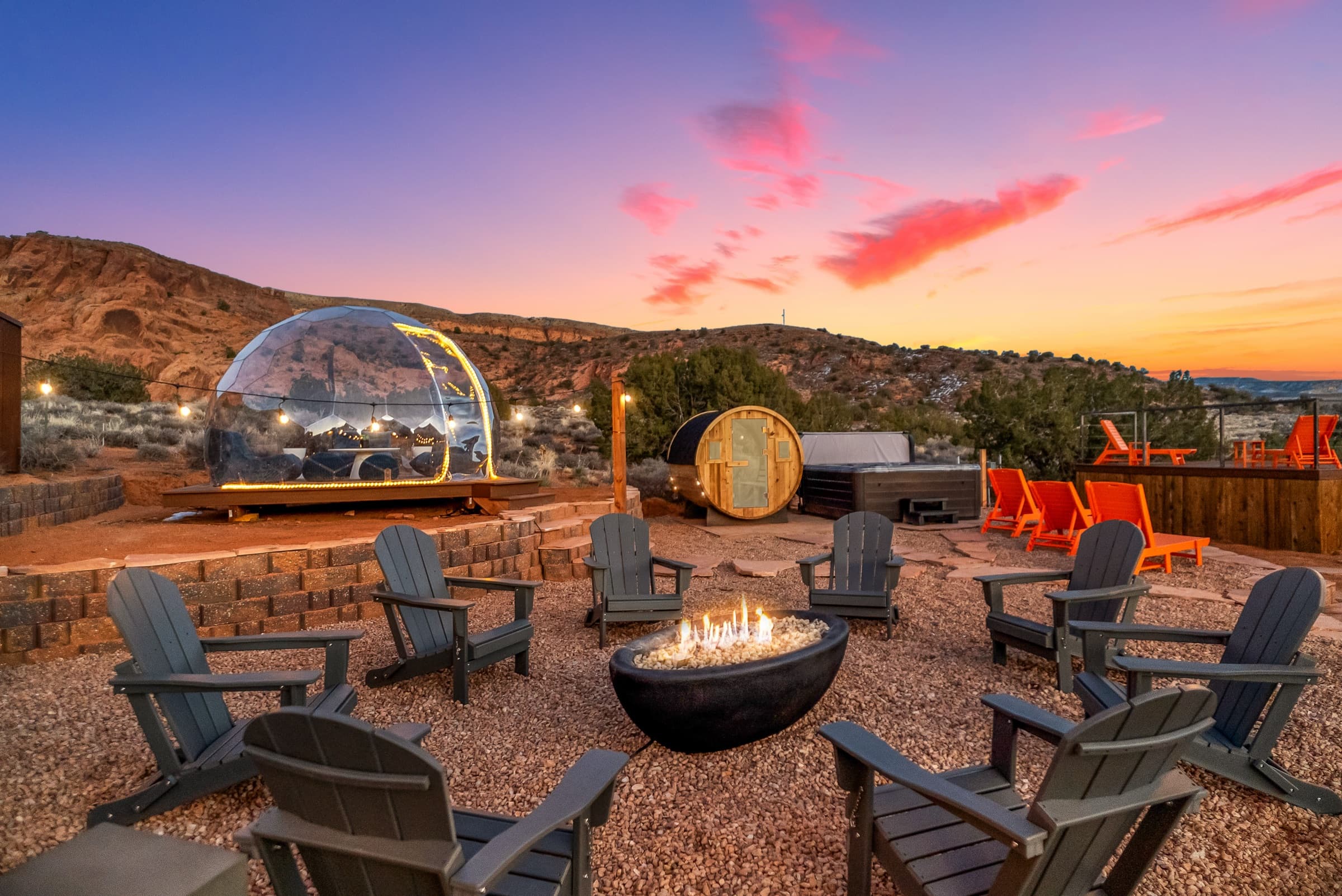 Fire pit and dome at golden hour